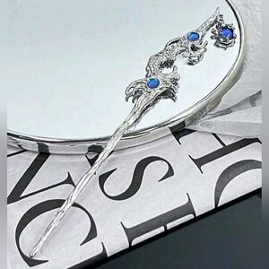 Vintage Blue Moonstone Rhinestone Jeweled Crystal 17cm Silver Hair Pin Stick